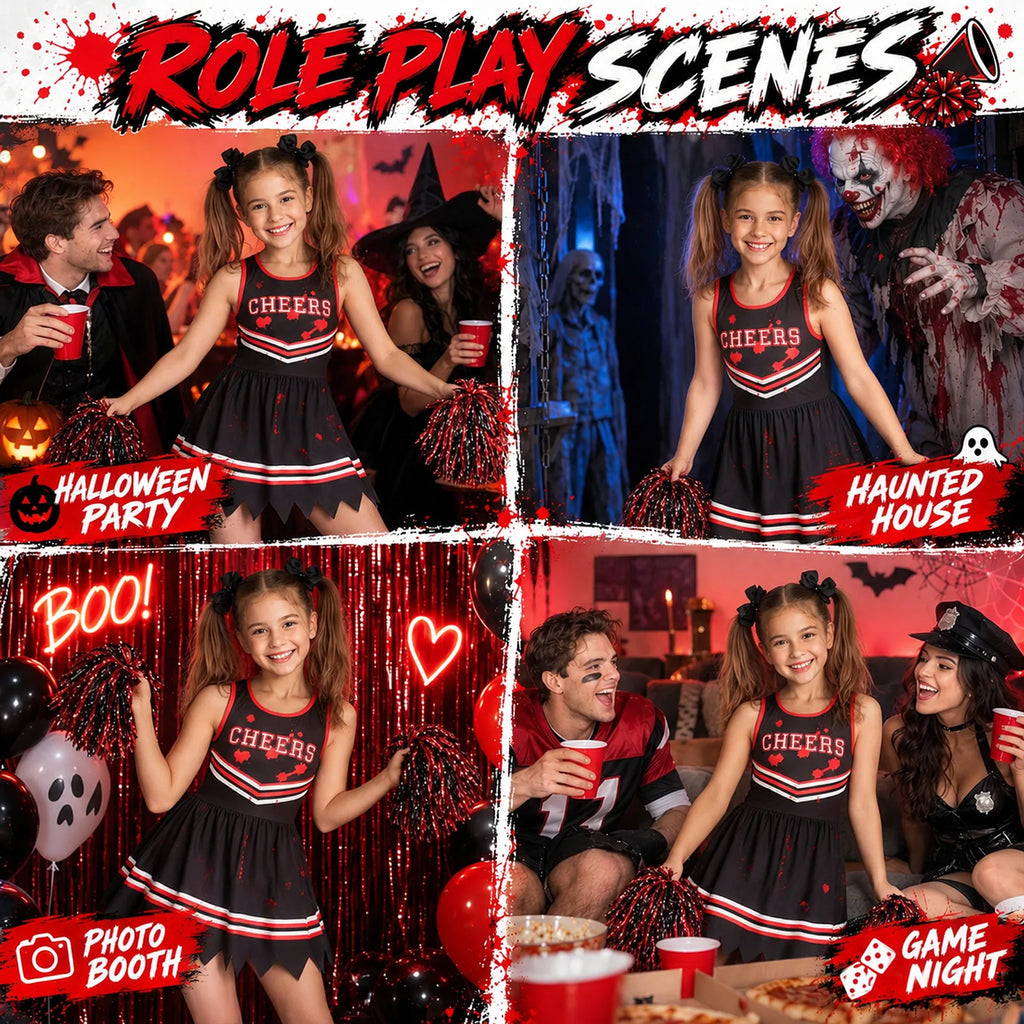 Six-piece cheer costume shown across dress-up settings with multiple performance and party styling examples