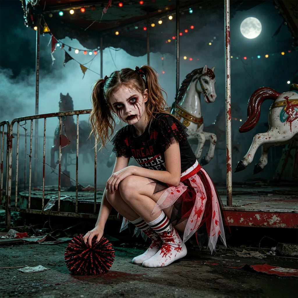 A model kneels beside a carousel wearing the layered skirt, printed top and striped socks.