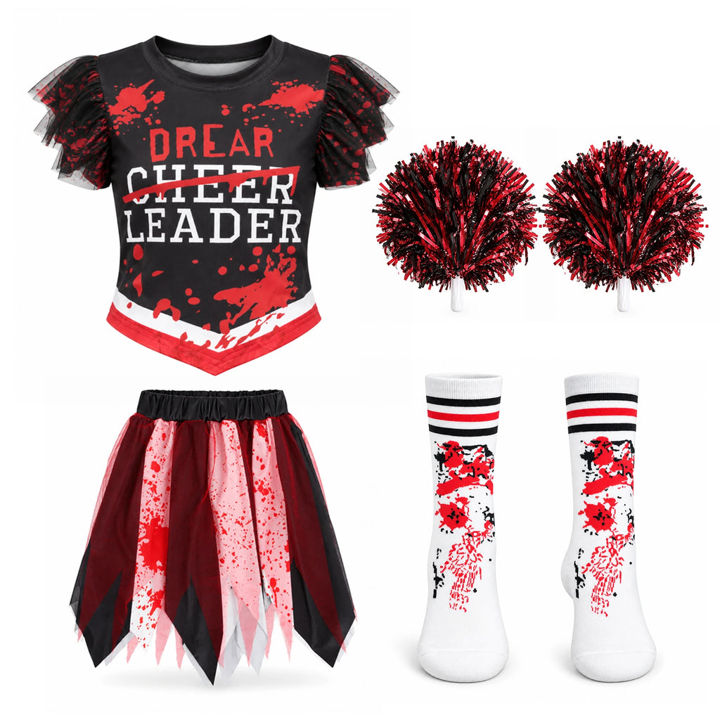 The black cheerleader costume flatlay shows a separate top, skirt, socks and two pom-poms.