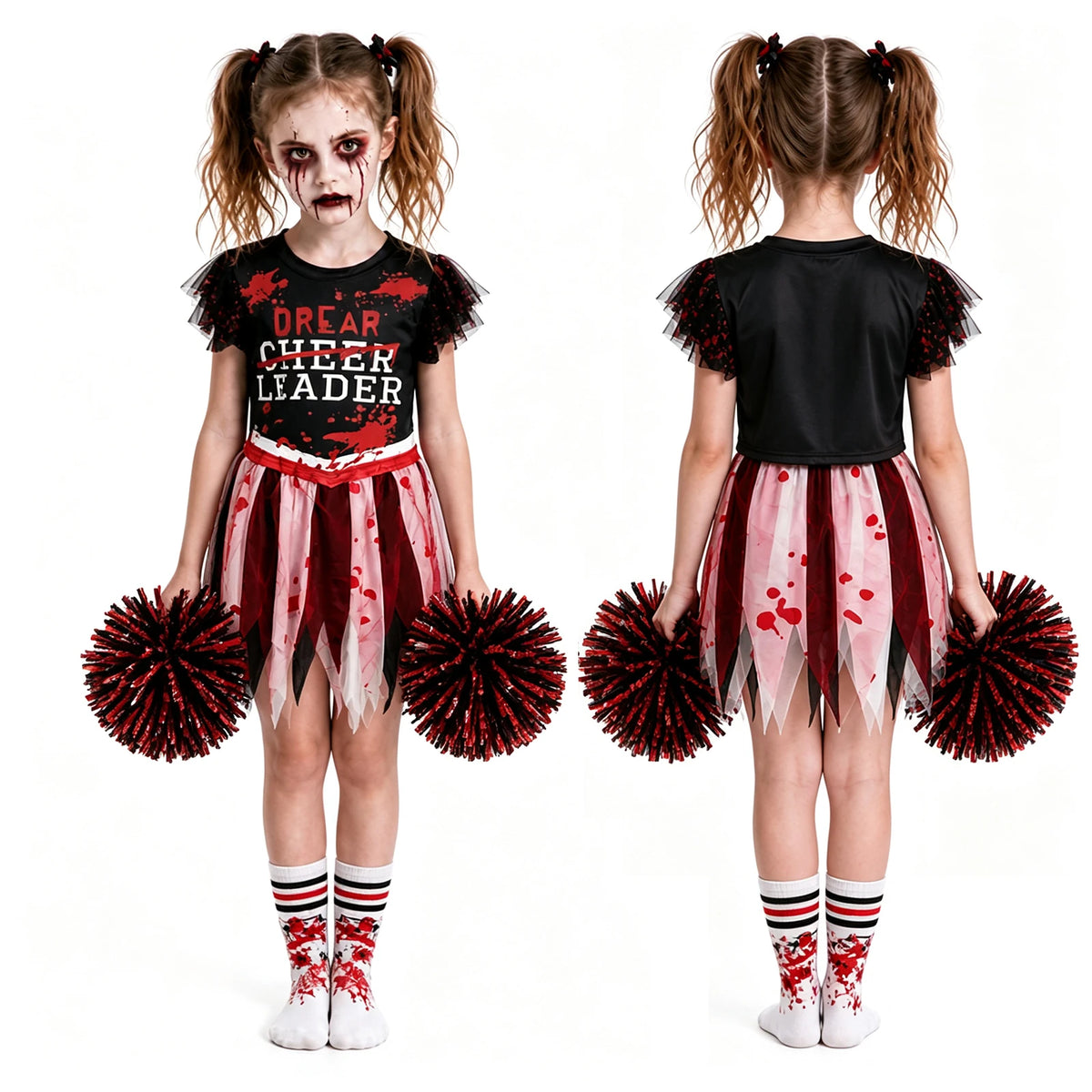 Front and back views show the printed top, plain black back and layered pointed skirt.