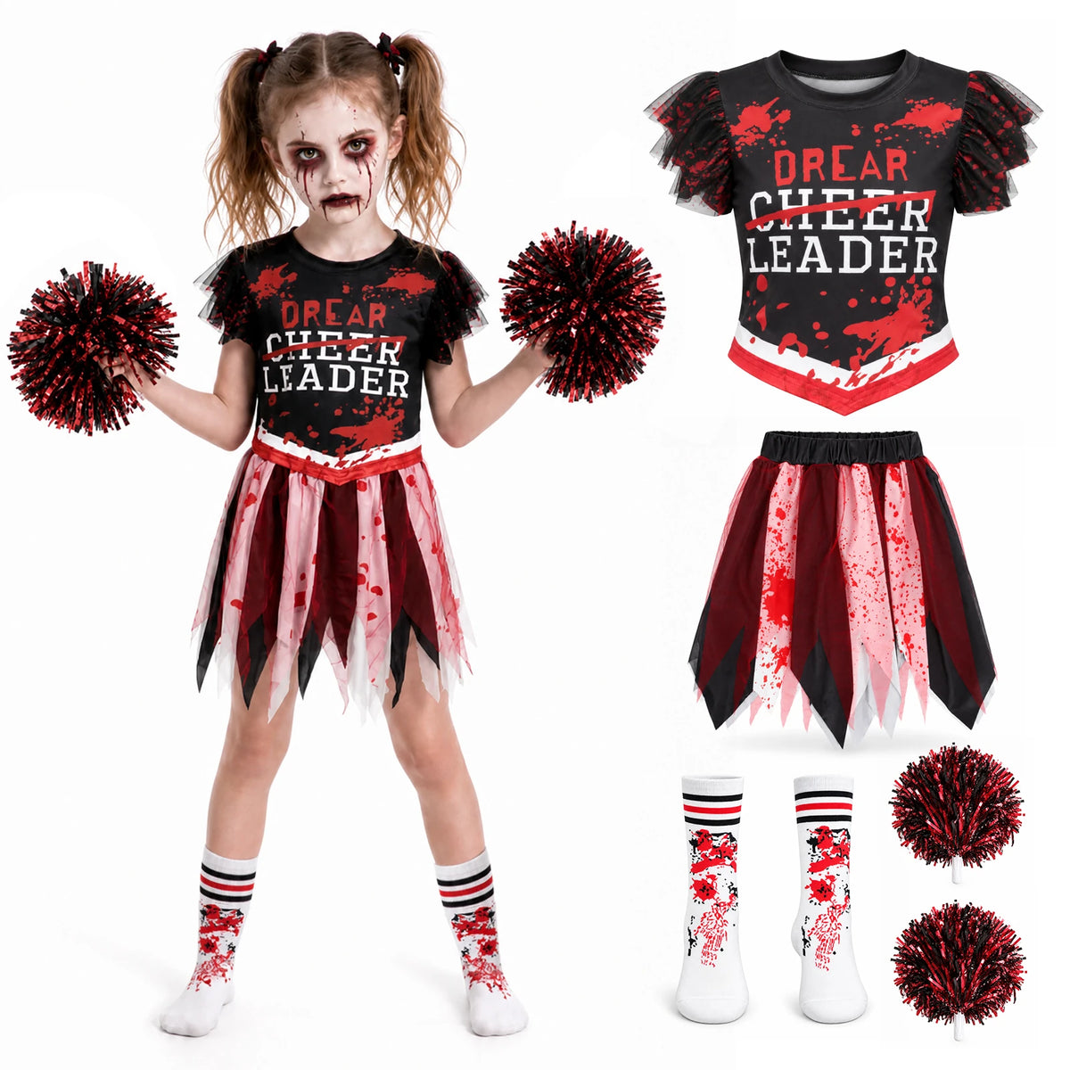 A girl wears the black cheerleader costume beside its top, skirt, socks and two pom-poms.