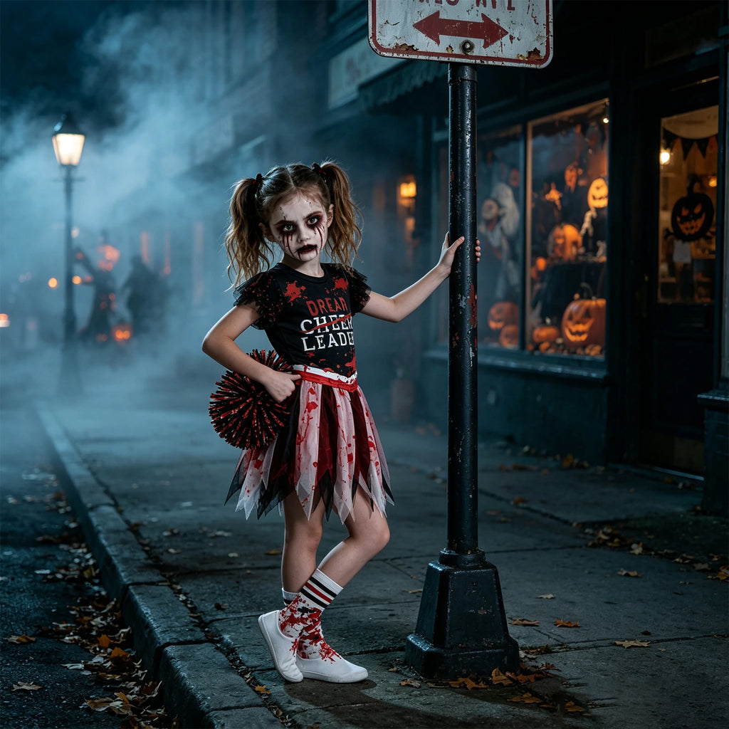 A model wears the zombie cheerleader outfit beside a lamppost on a decorated Halloween street.