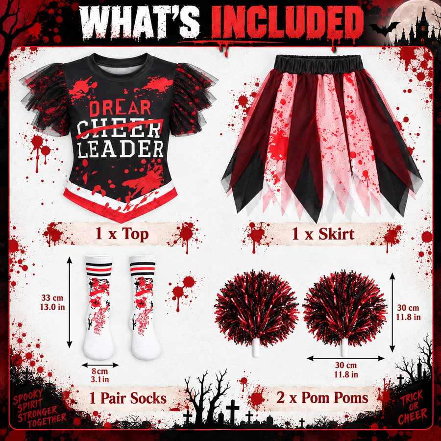 The included-items chart lists one top, one skirt, a pair of socks and two pom-poms with accessory dimensions.