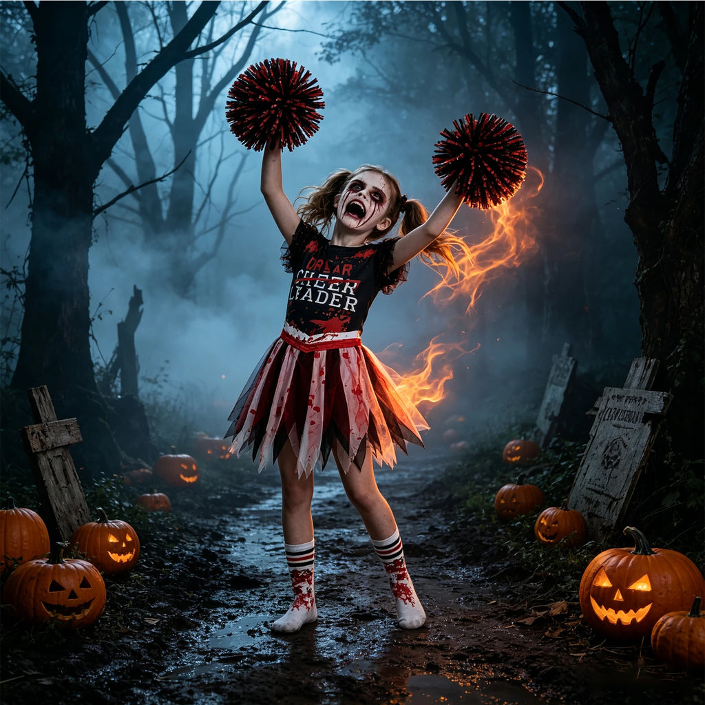 A model raises red and black pom-poms among pumpkins in a Halloween graveyard scene.
