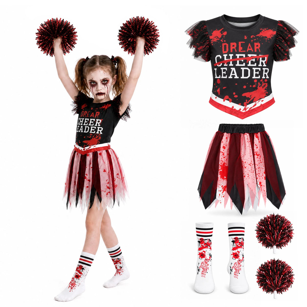 A girl raises both pom-poms while wearing the black and red zombie cheerleader outfit.