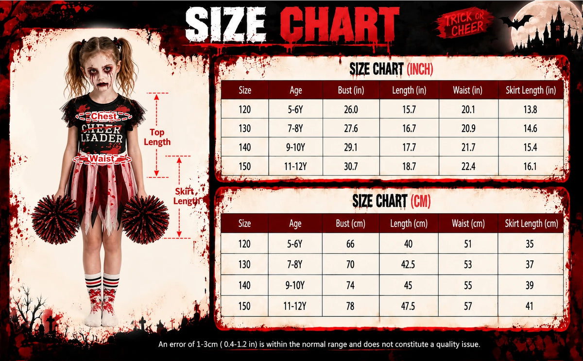 The zombie cheerleader size chart shows sizes 120 through 150 with garment measurements in centimeters and inches.