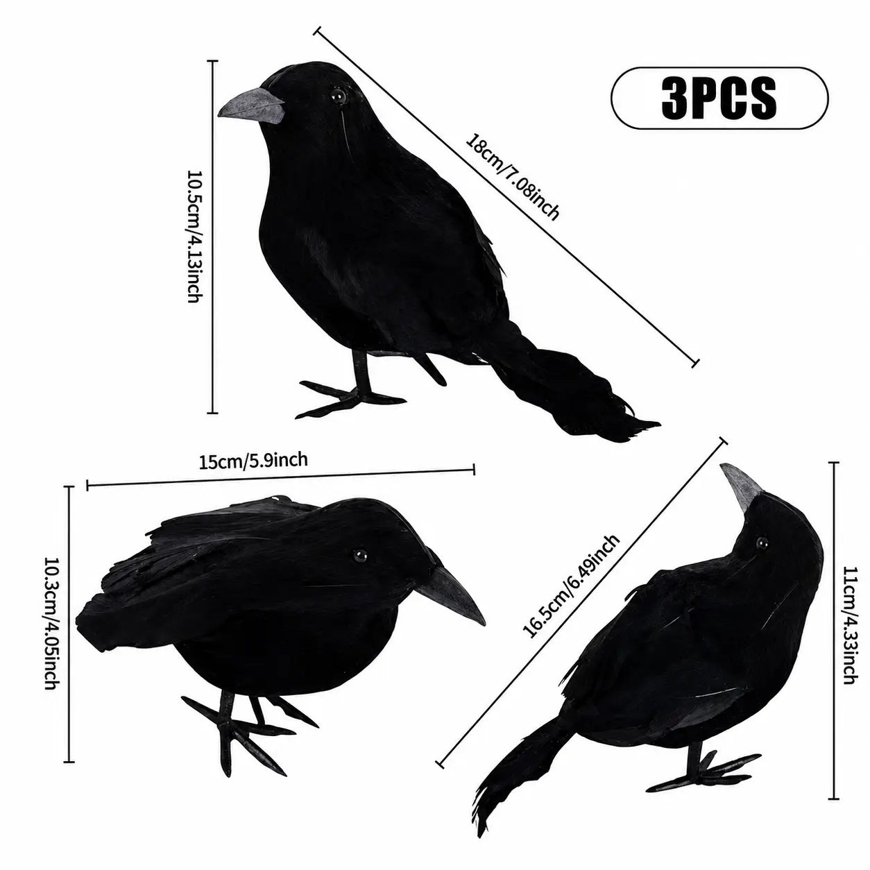 Black crow decorations showing dimensions 10.5cm, 18cm, 15cm, 16.5cm, and 11cm for height and length, 3 pieces