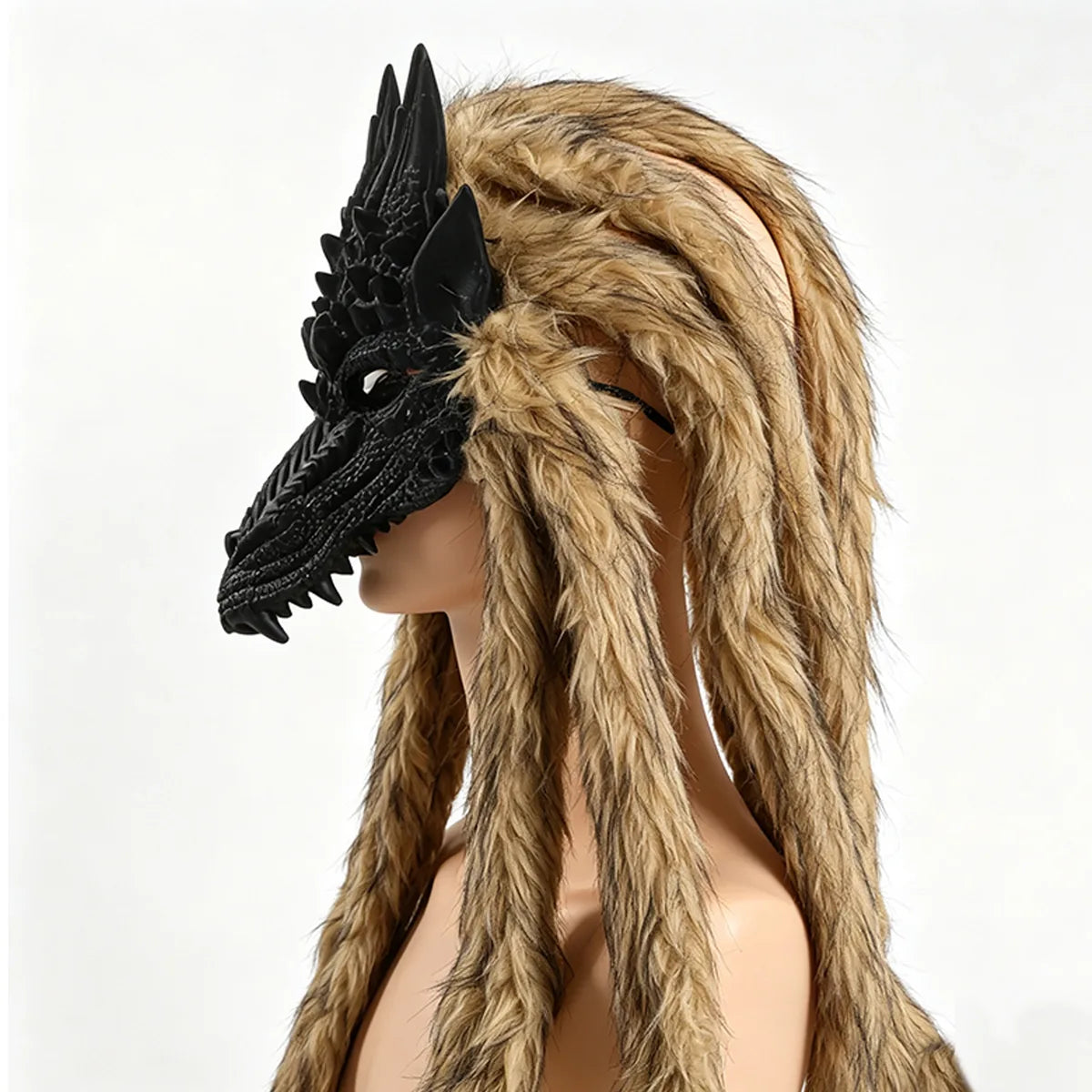 Back view of the black dragon brown fur mask, showing the rear shape and visible construction.