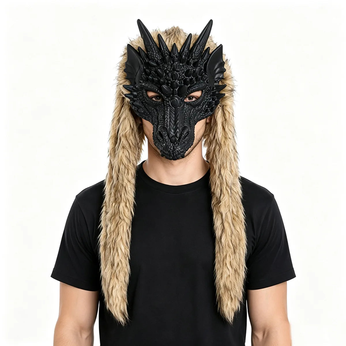 Front view of the black dragon brown fur mask, showing its overall shape and visible design.