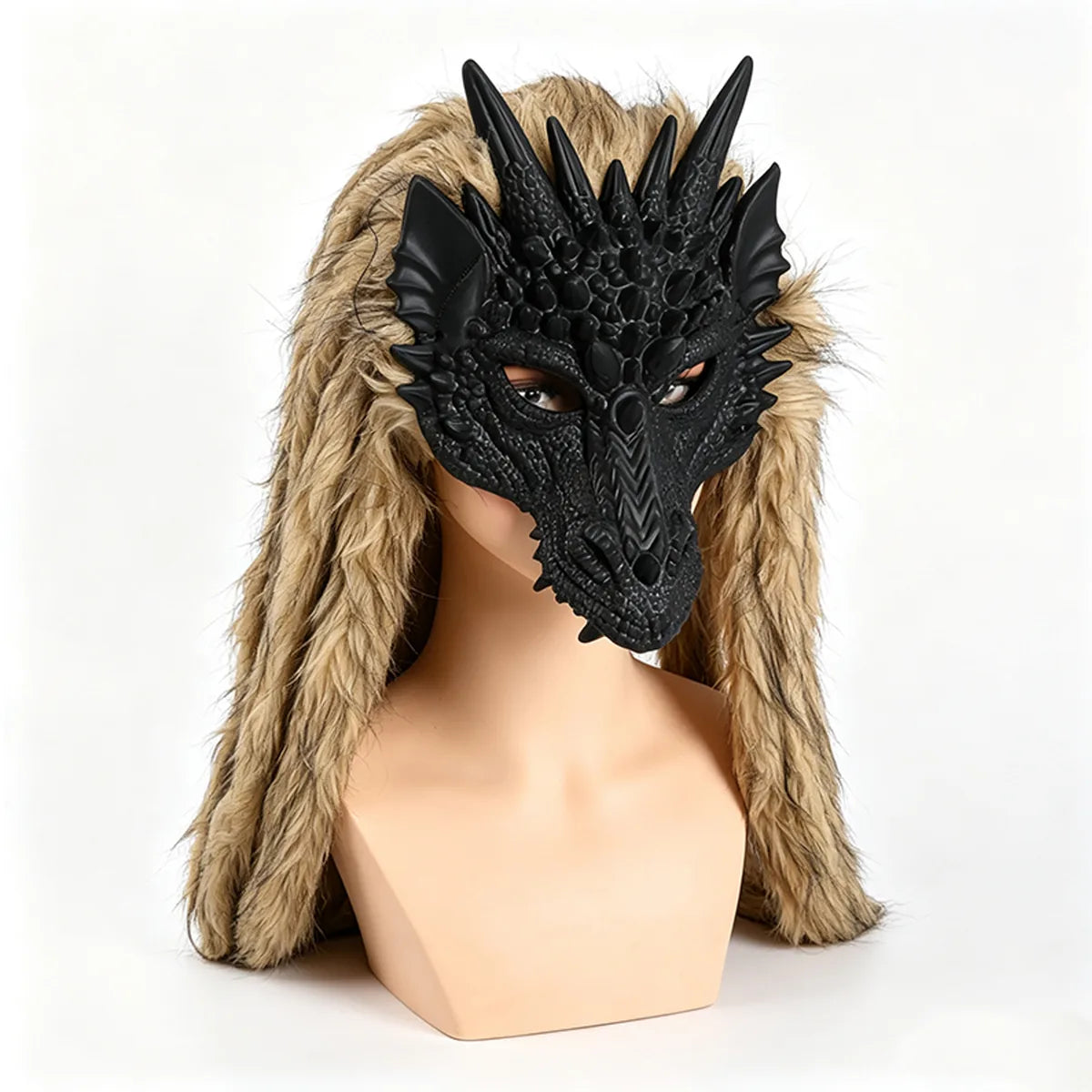Side view of the black dragon brown fur mask, showing its profile and visible construction details.