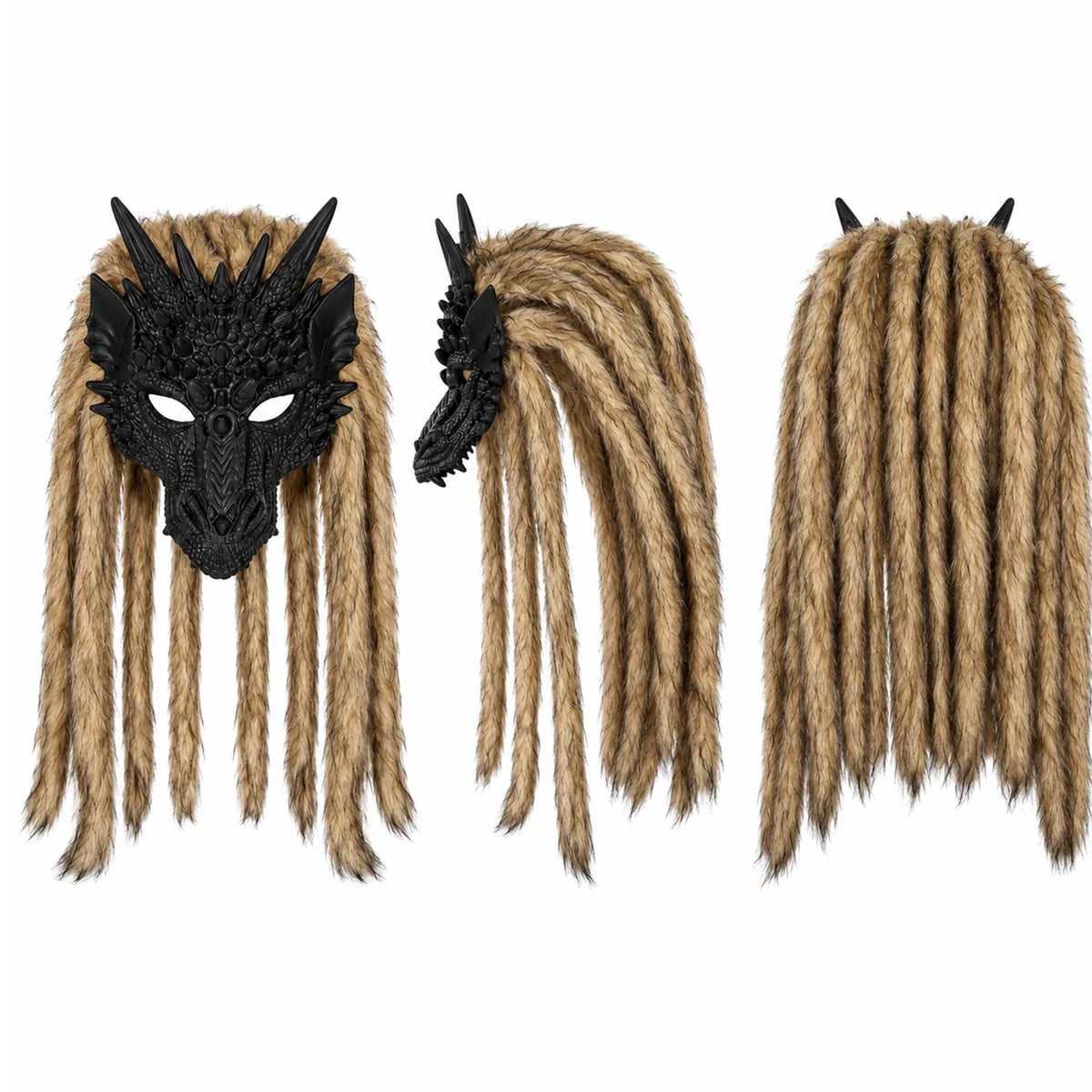 Multiple-angle view of the black dragon brown fur mask, showing its shape from different sides.