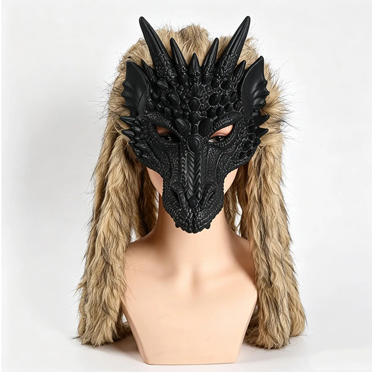Styled view of the black dragon brown fur mask, showing how the item appears in use.