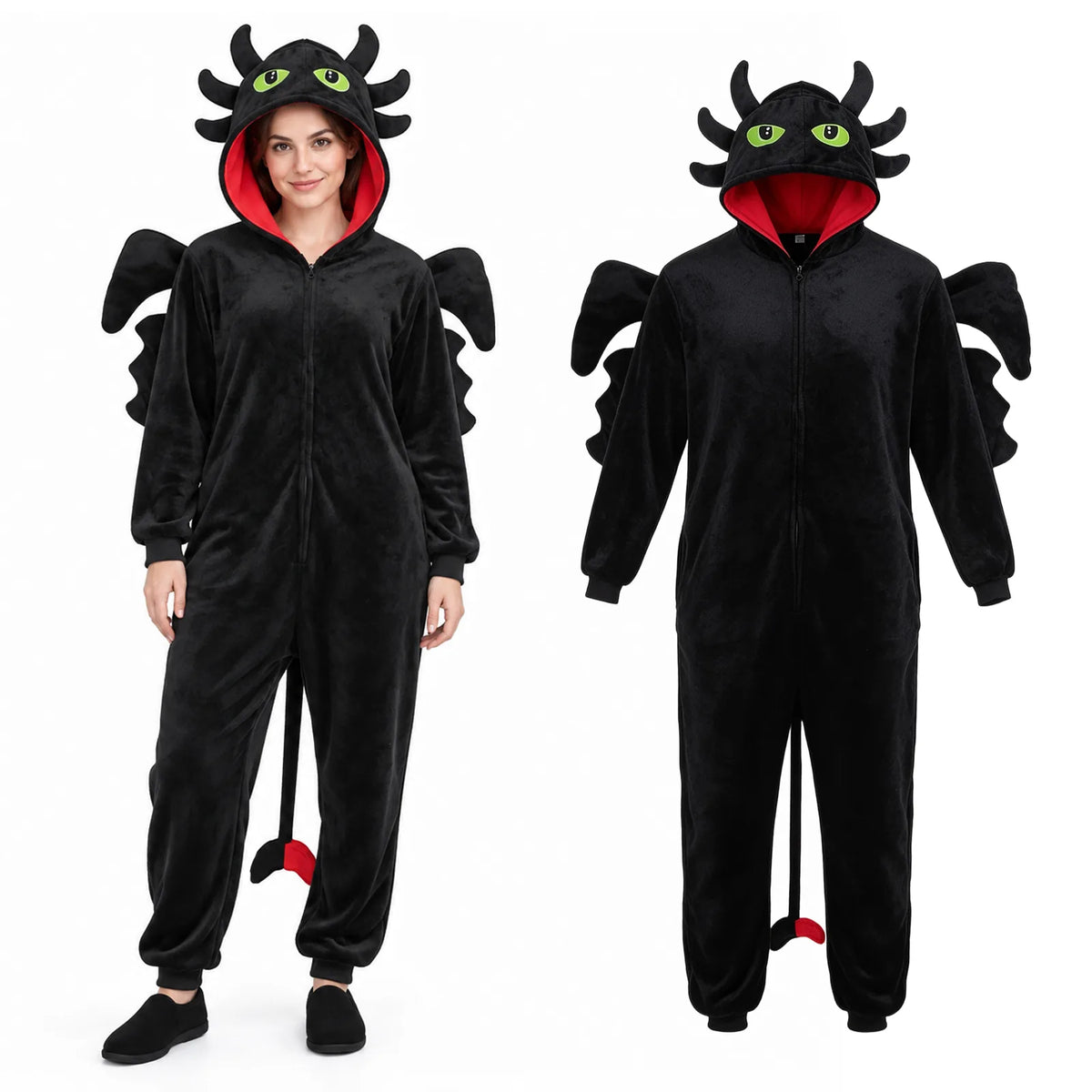 Adult wearing a Toothless-inspired black dragon costume with green embroidered eyes on the hood.