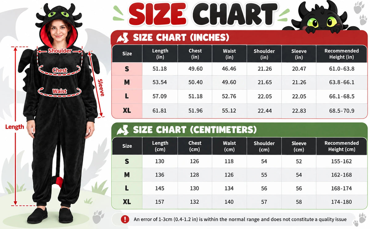 The black dragon costume size chart shows garment measurements and recommended height for S through XL in centimeters and inches.