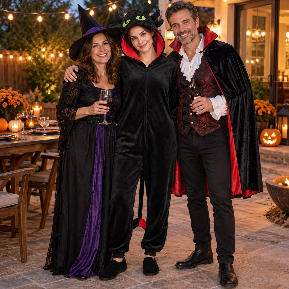 Model wearing the Toothless-inspired black dragon onesie with friends in other Halloween costumes.