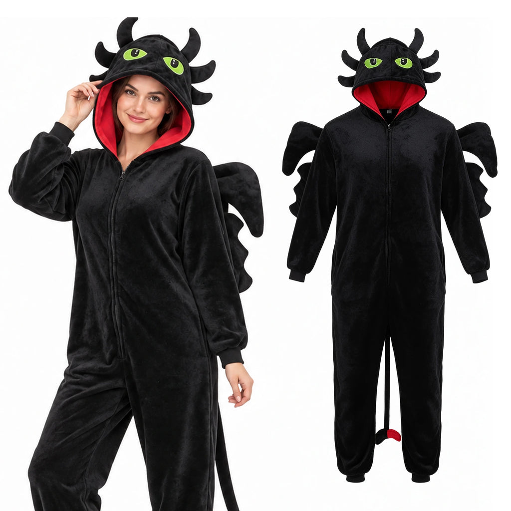 Model touching the Toothless-inspired dragon hood beside the black winged onesie.