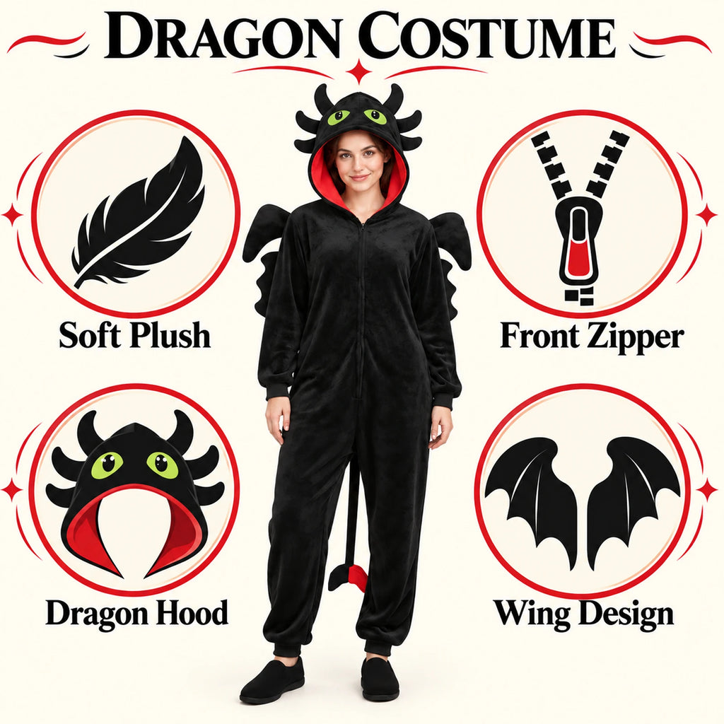 Toothless-inspired black dragon costume diagram showing the dragon hood, front zipper, plush texture and attached wings.