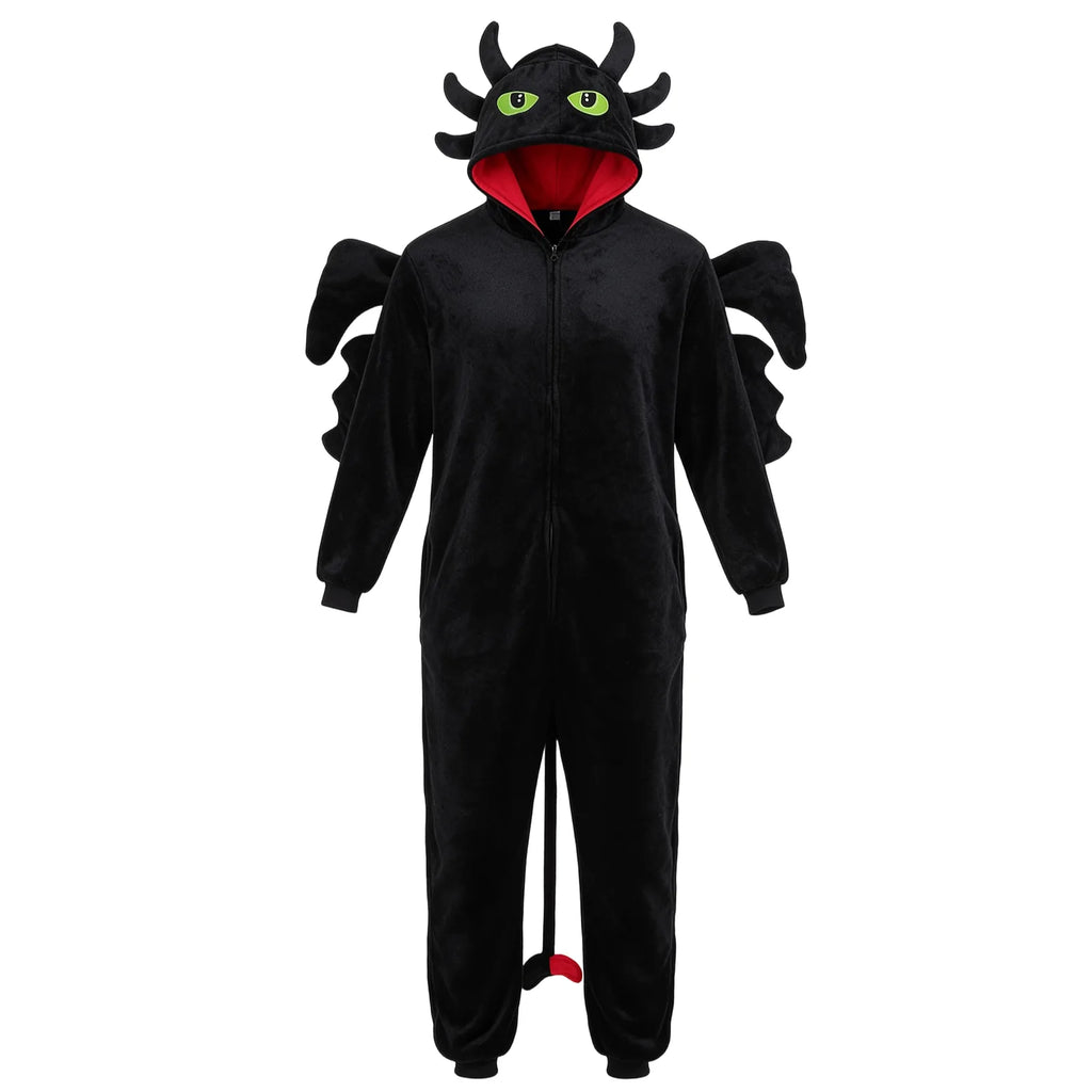 Toothless-inspired black dragon onesie shown alone with attached wings, green embroidered eyes and a long tail.