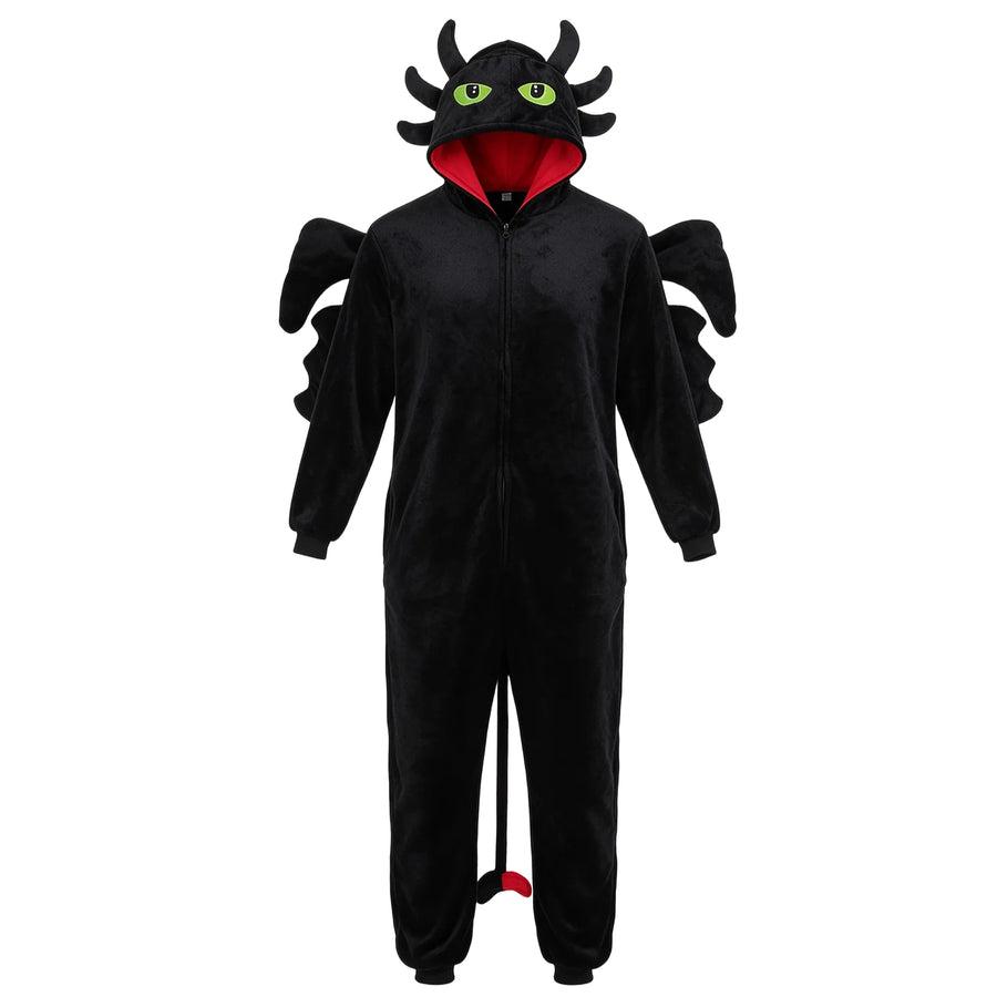 Toothless-inspired black dragon onesie shown alone with attached wings, green embroidered eyes and a long tail.
