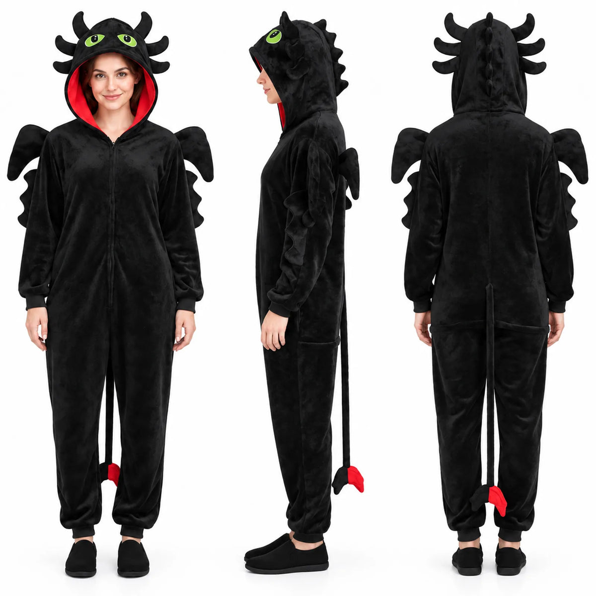 Front, side and back views of the Toothless-inspired black dragon onesie.