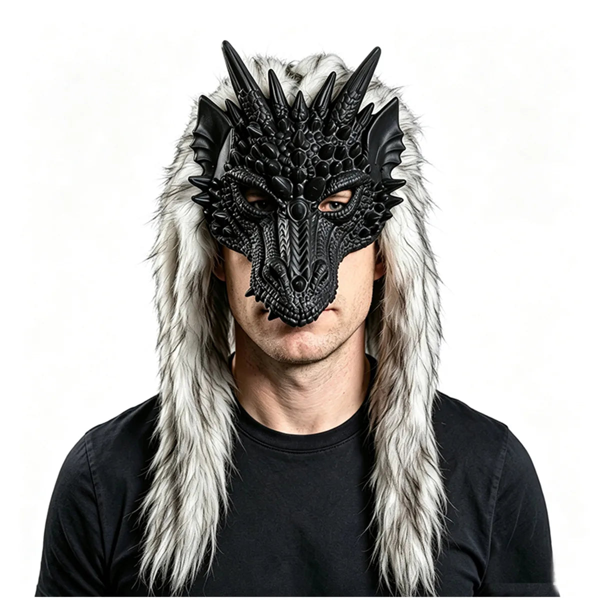 Front view of the black dragon white fur mask, showing its overall shape and visible design.