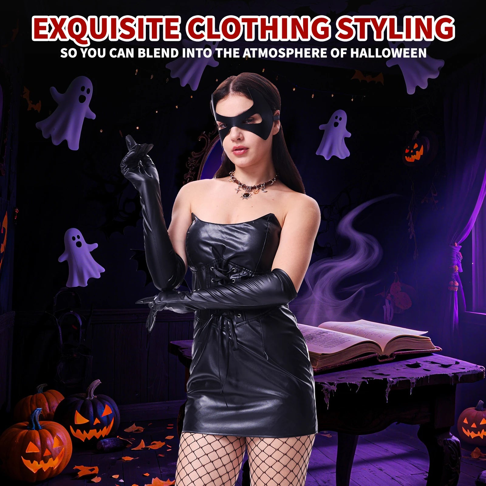 Women's black dress costume with pointed mask, gloves and fishnet tights