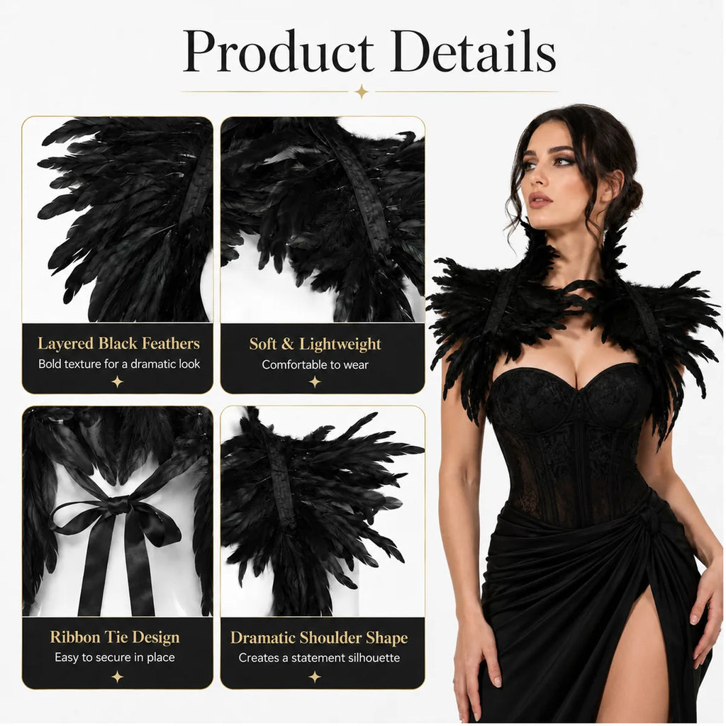 Detail graphic highlights layered feathers, ribbon ties, and shoulder shape.