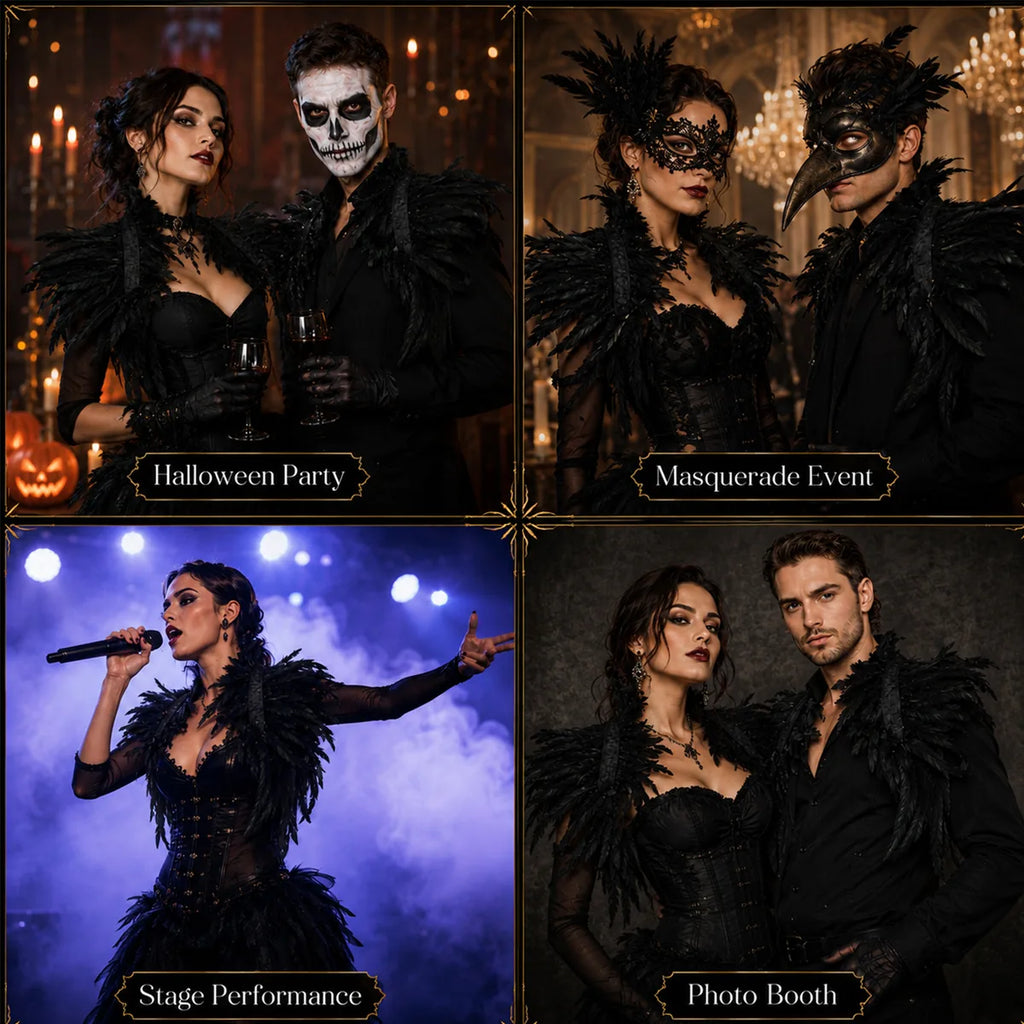 Black feather shoulder collar shown at Halloween, masquerade, stage, and photo events.