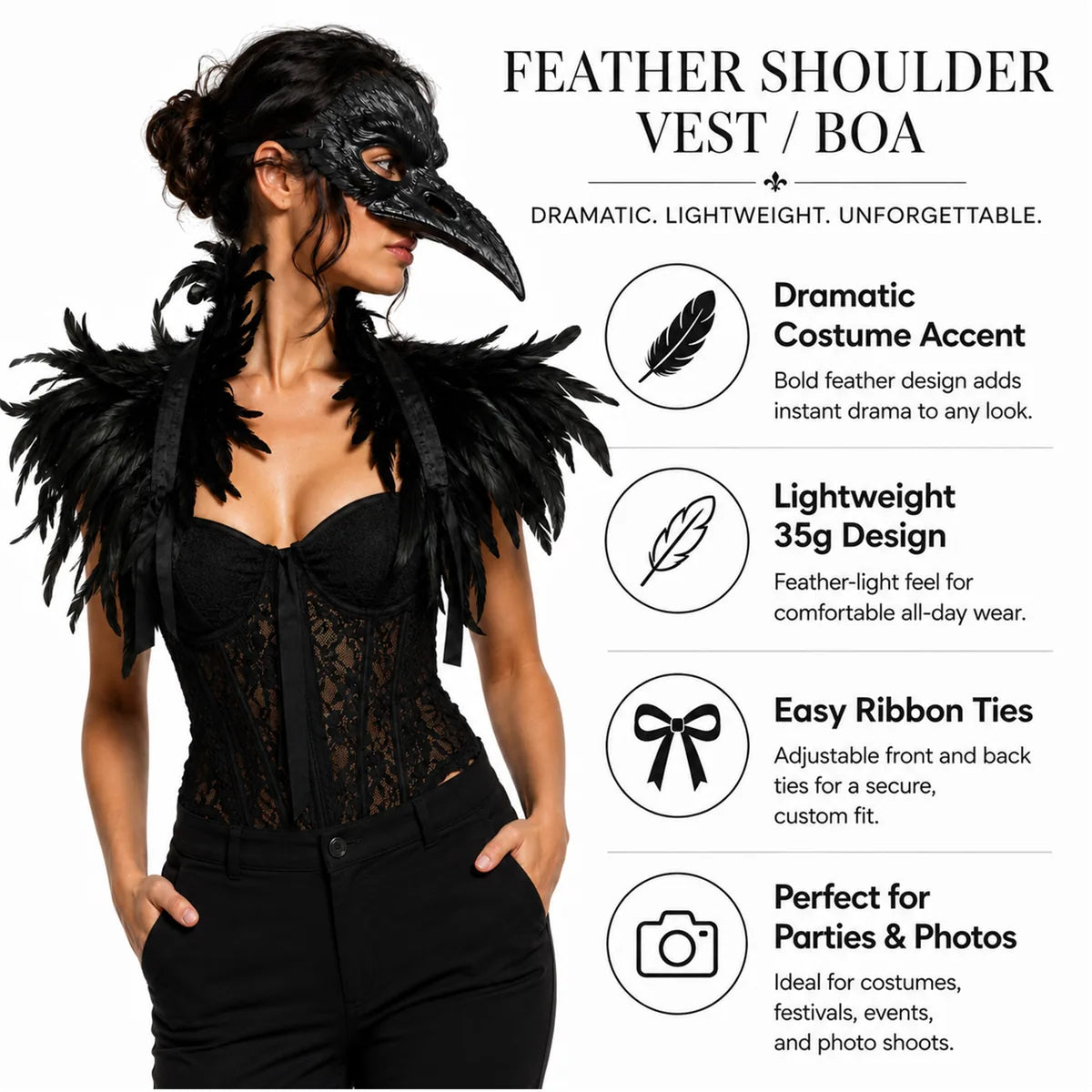 Feature graphic describes the lightweight feather shoulder collar and adjustable ties.
