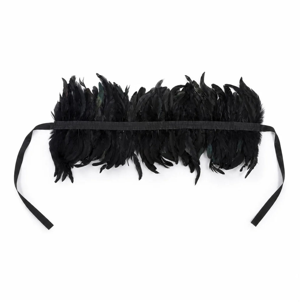 Flat view shows the feather band and long black ribbon ties.