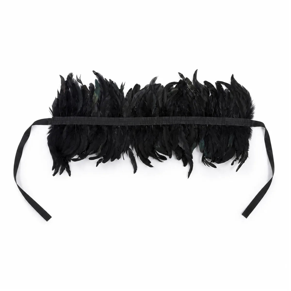 Flat view shows the feather band and long black ribbon ties.