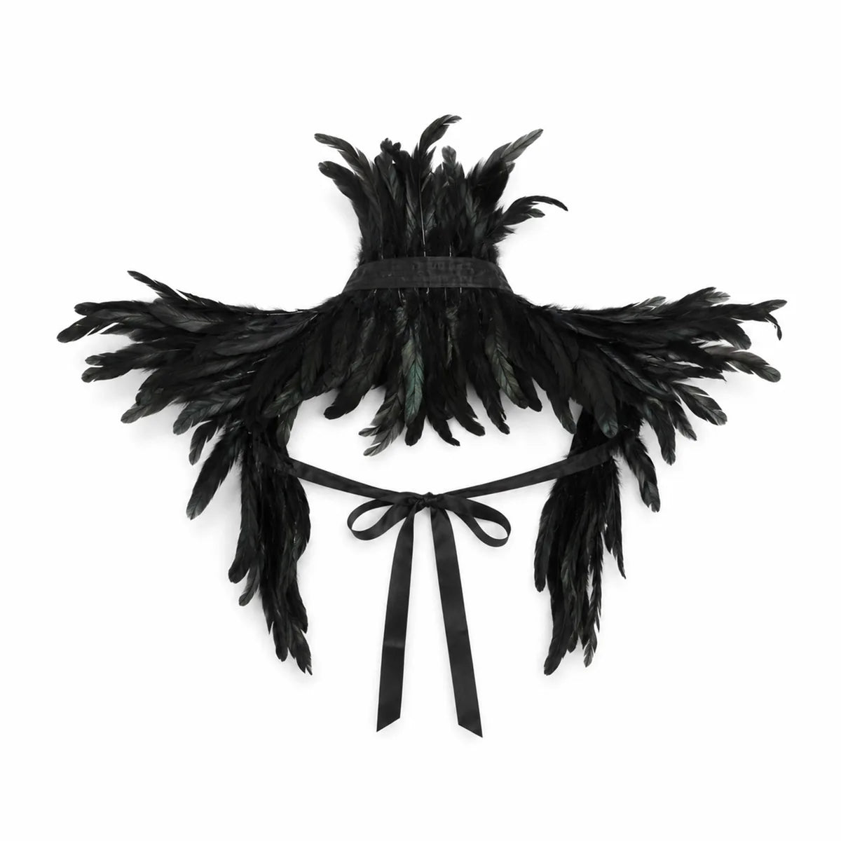 Black feather shoulder collar with layered feathers and ribbon ties.