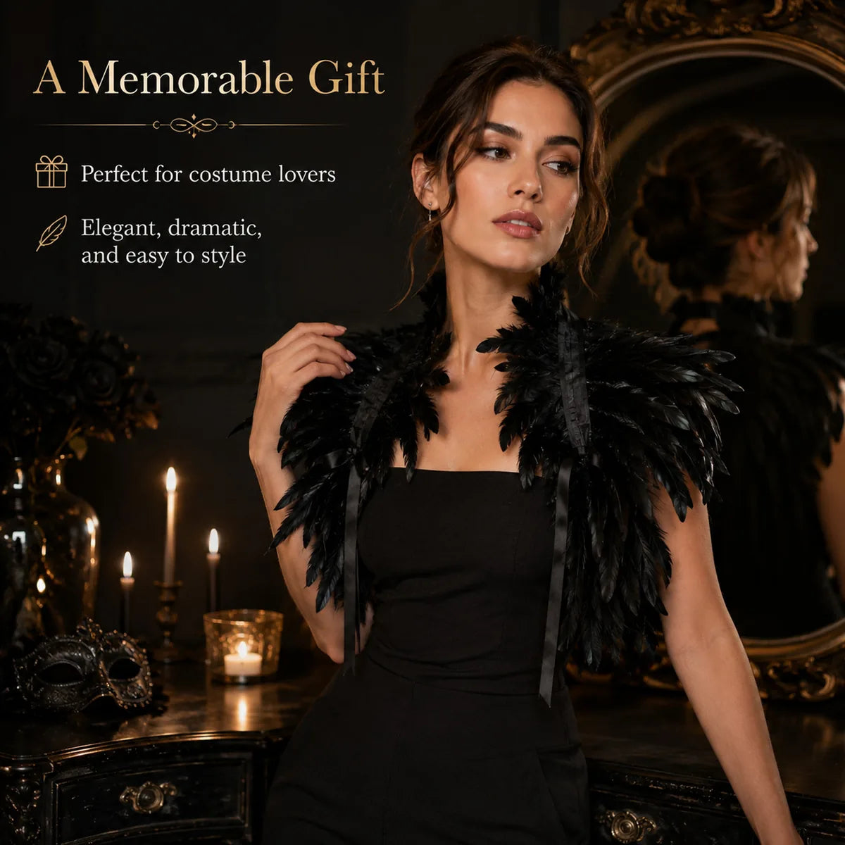 Woman wears the black feather collar in a gothic candlelit setting.