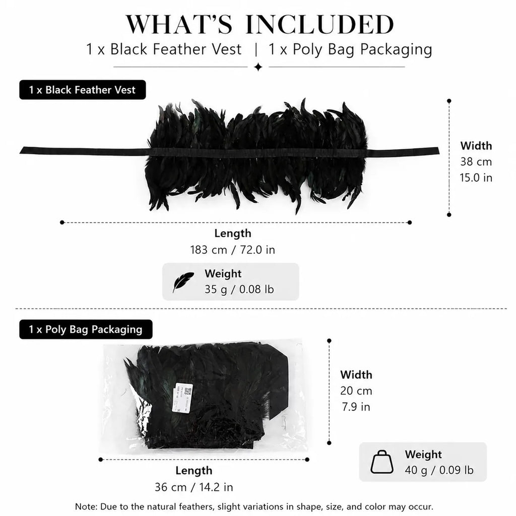Size graphic shows the feather collar, packaging, dimensions, and weights.