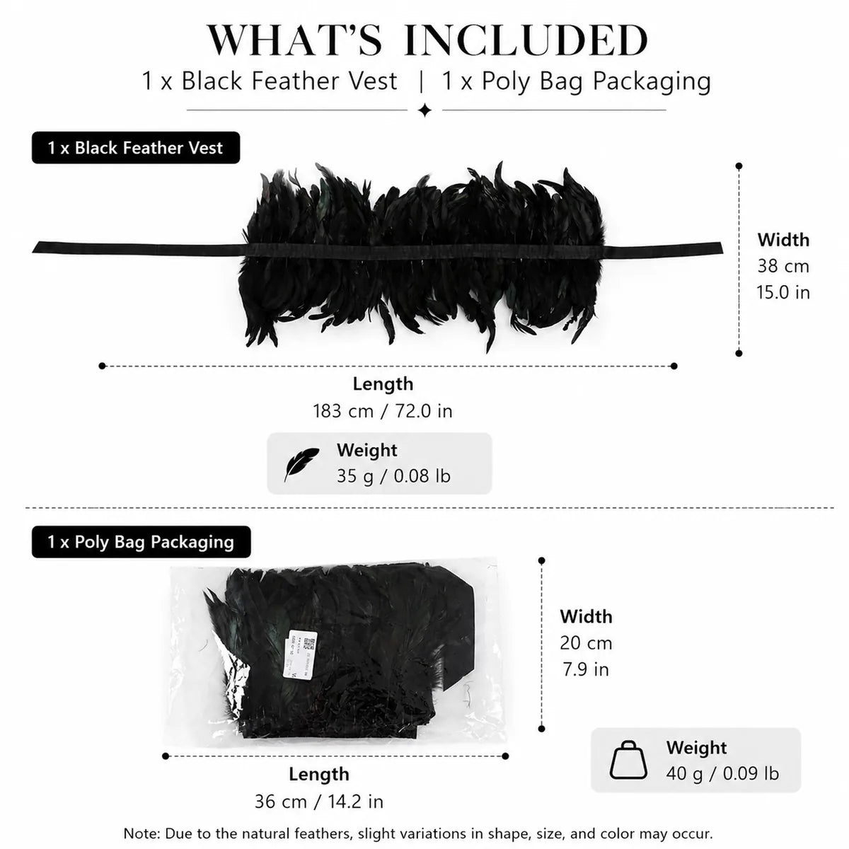 Size graphic shows the feather collar, packaging, dimensions, and weights.