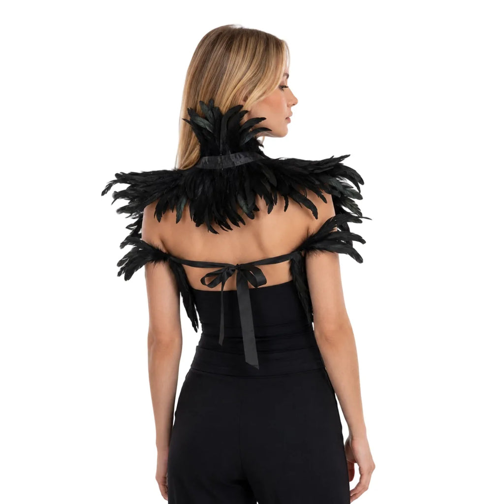 Back view shows the ribbon-tie closure of the feather shoulder collar.