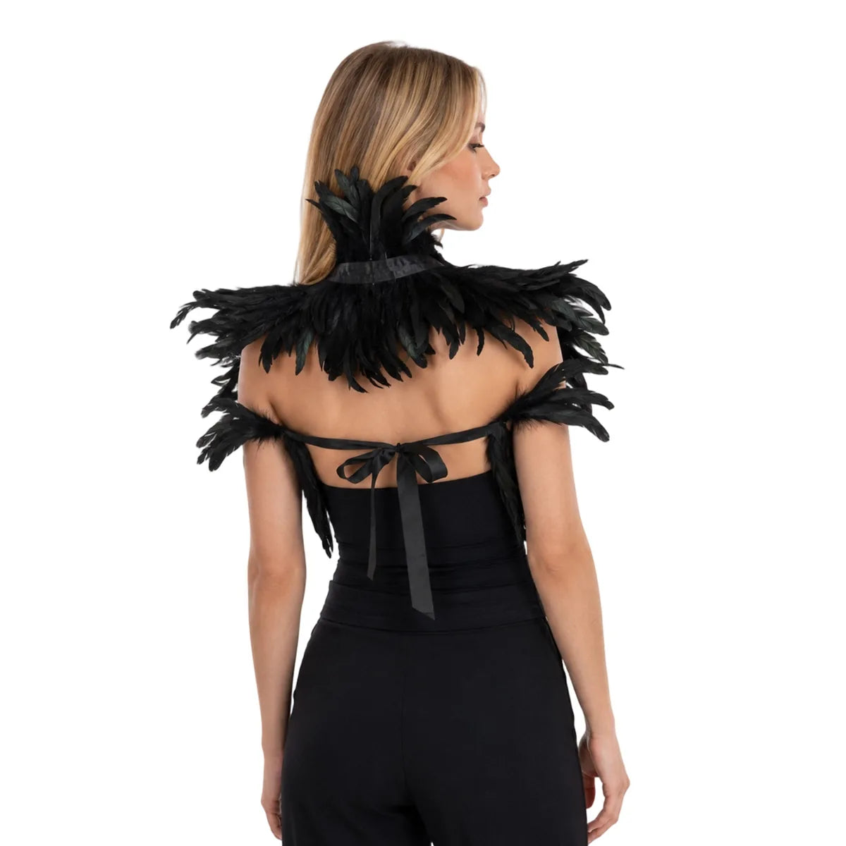 Back view shows the ribbon-tie closure of the feather shoulder collar.
