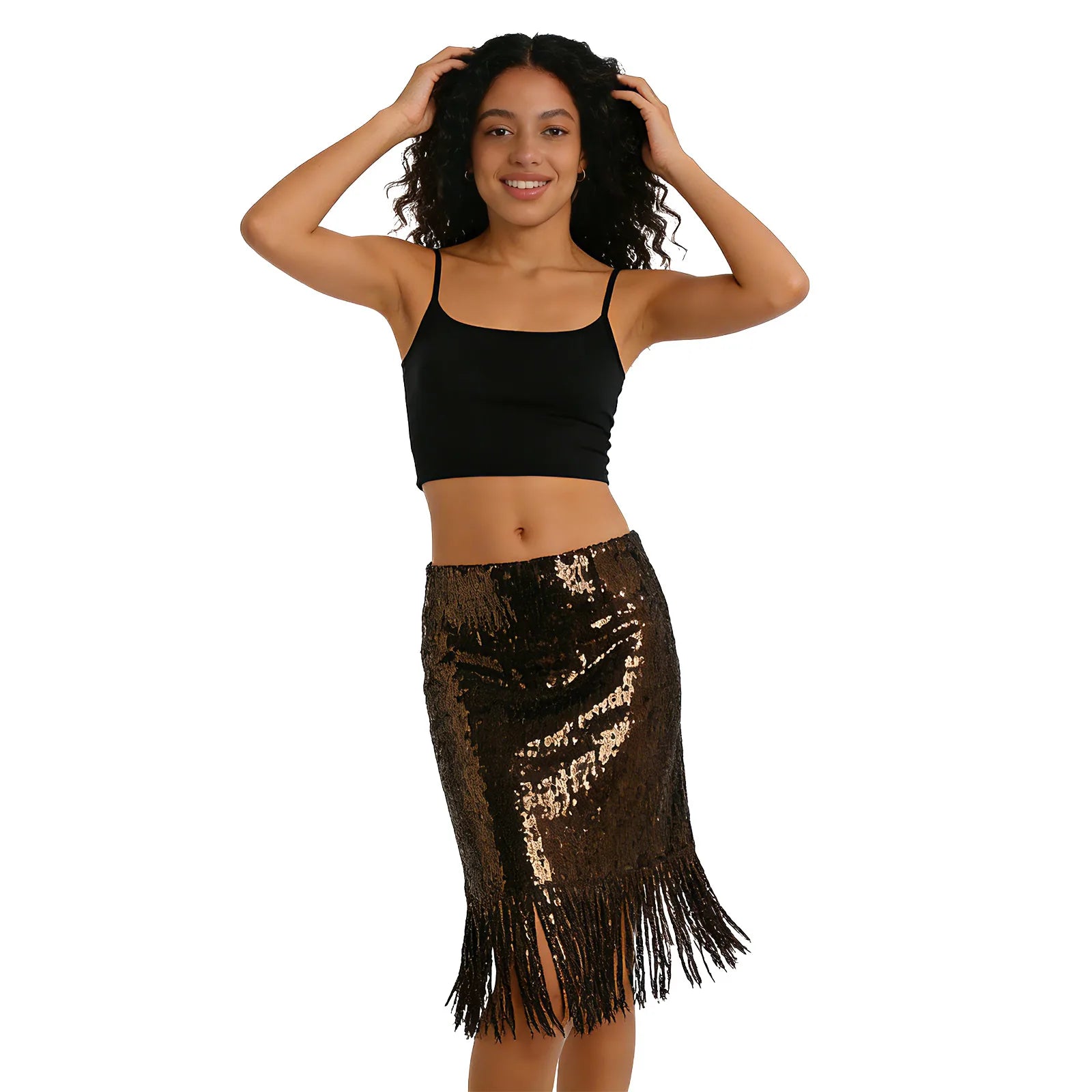 A model wears the black sequin fringe midi skirt in side profile against a white background to show its fitted silhouette.