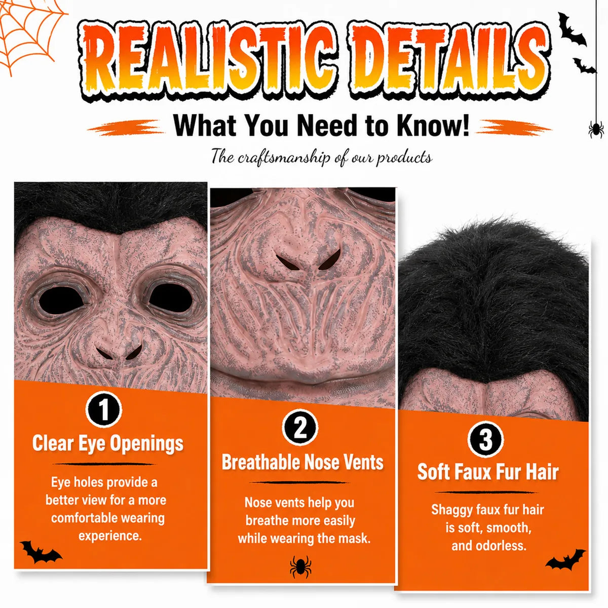 Close-up details of the black fur gorilla mask, showing visible texture, color, and construction.