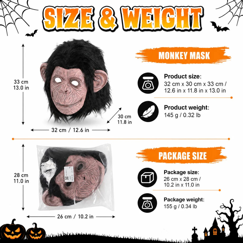 Dimension chart for the black fur gorilla mask, showing the listed product measurements and scale.