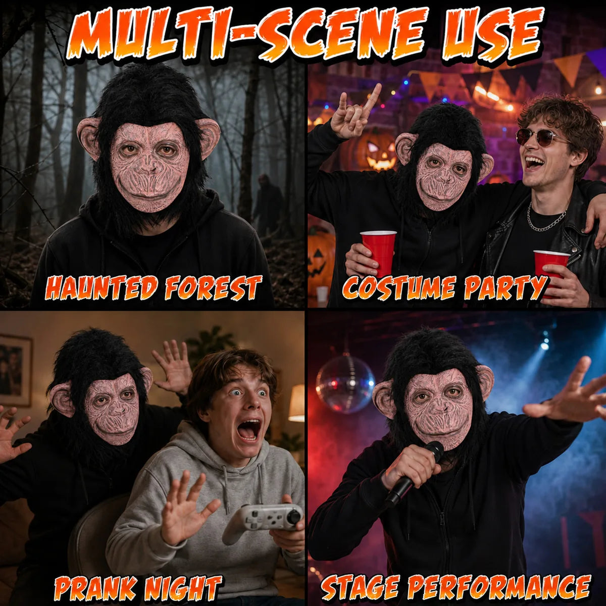 The black fur gorilla mask shown across several styled Halloween and event display scenes.
