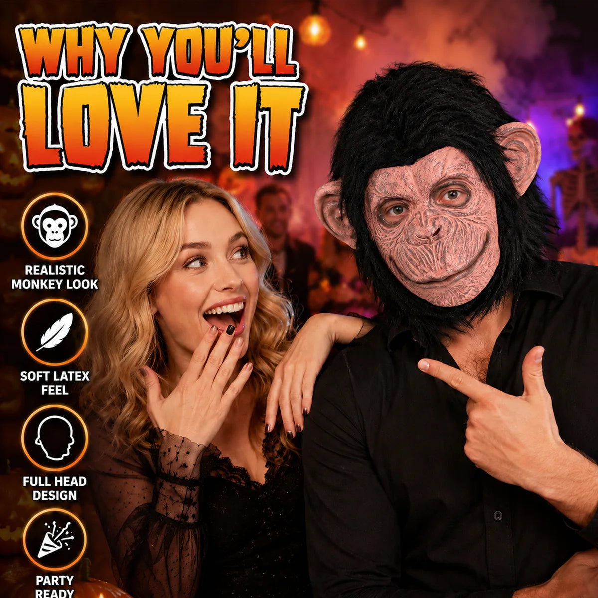 Feature graphic for the black fur gorilla mask, highlighting visible design details and intended use.