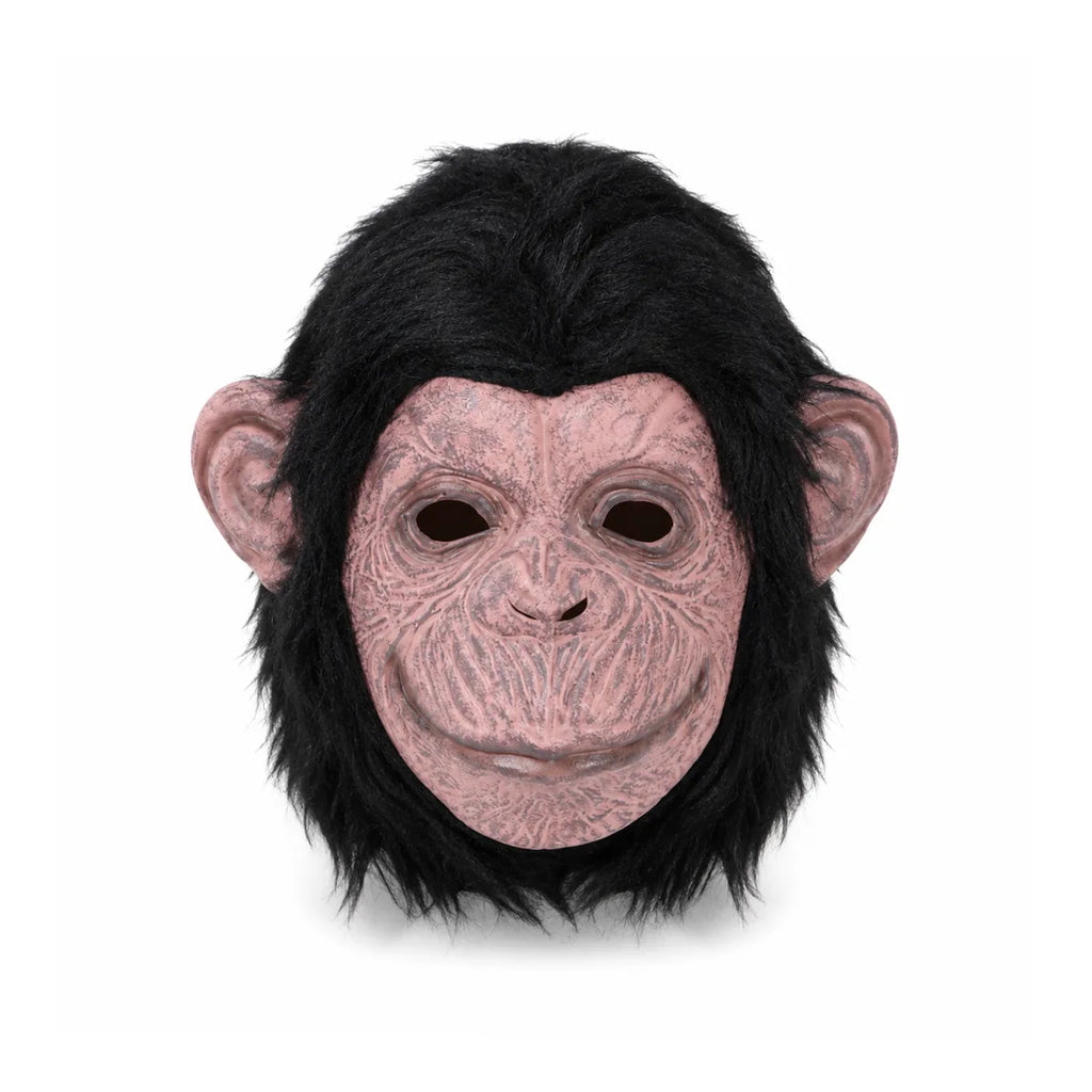 Front view of the black fur gorilla mask, showing its overall shape and visible design.