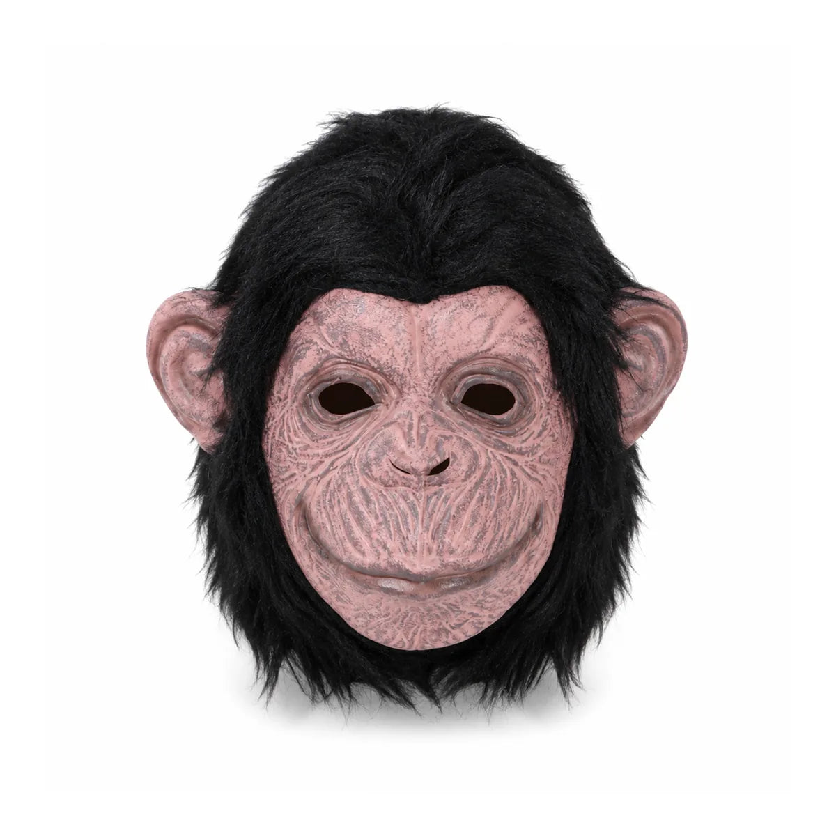Front view of the black fur gorilla mask, showing its overall shape and visible design.