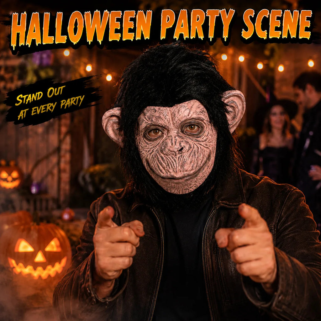 The black fur gorilla mask displayed in a styled Halloween scene for visual context.