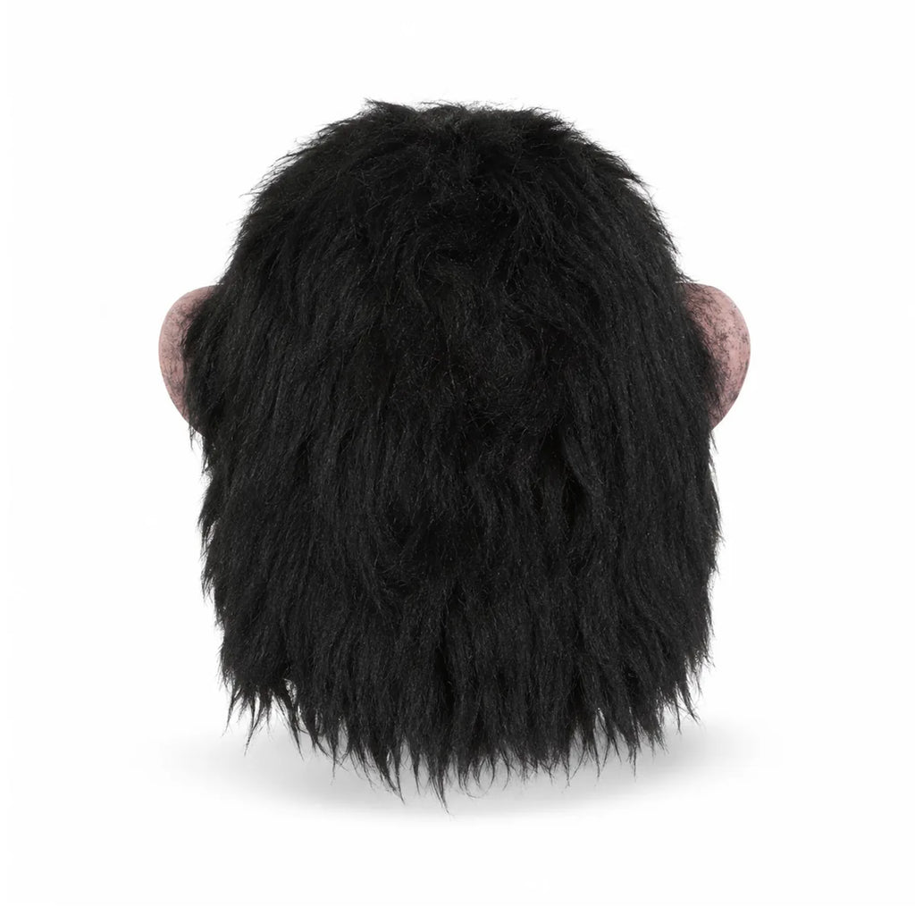 Multiple-angle view of the black fur gorilla mask, showing its shape from different sides.