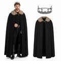 Black king cape costume with an ornate silver-tone crown.