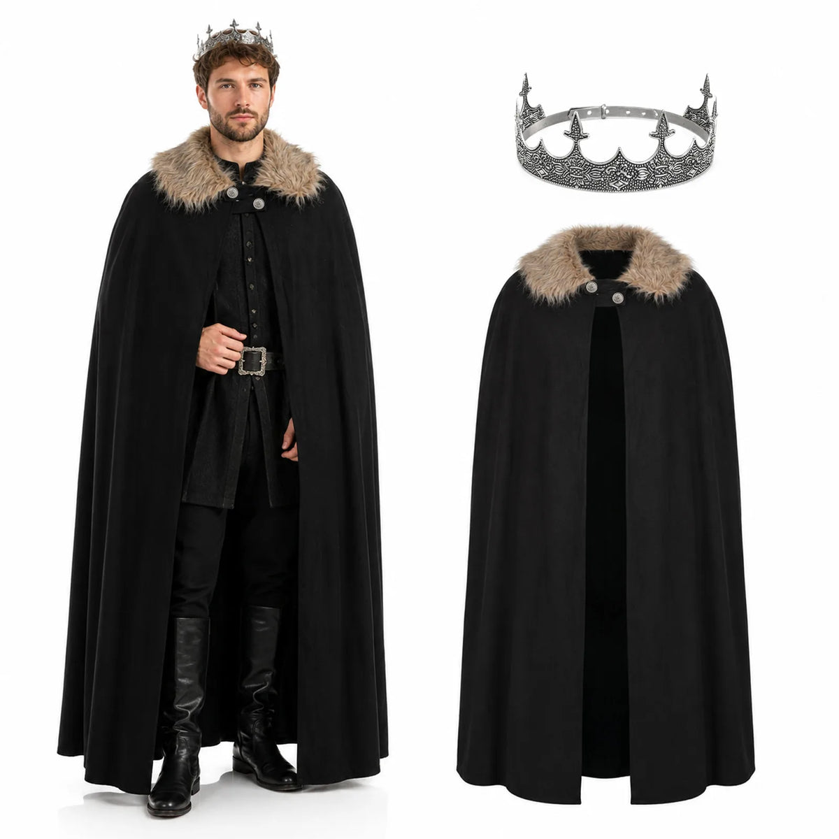 Black king cape costume with an ornate silver-tone crown.