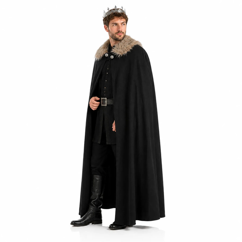 Full-length model view of the black faux-fur-trimmed king cape.
