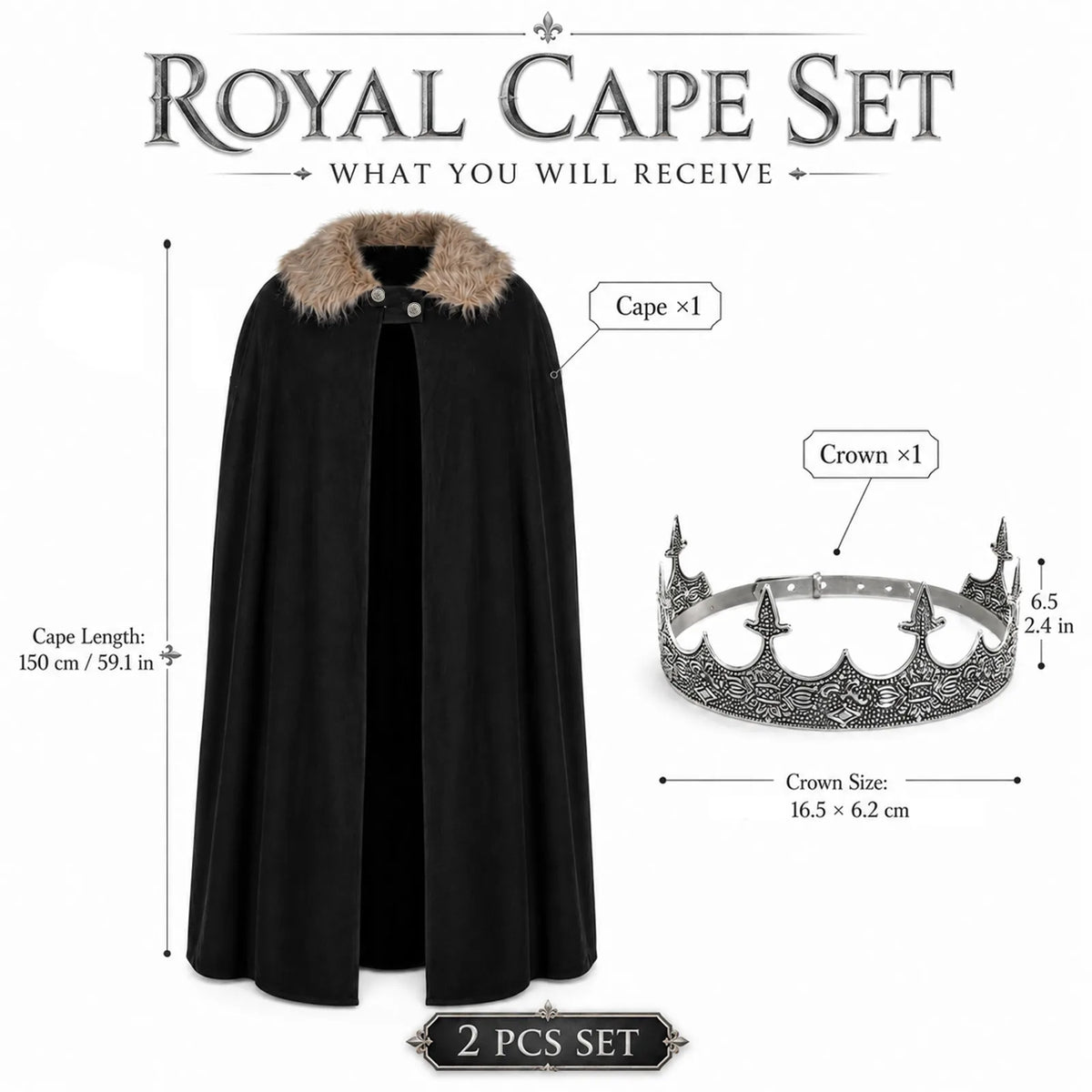 King cape and crown measurement graphic with inches and centimeters.